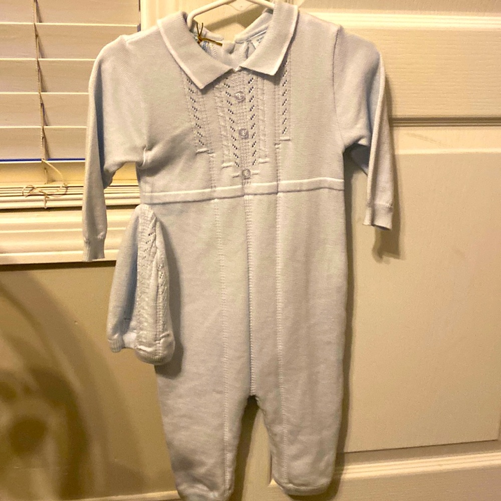 Feltman Brothers One piece collar polo baby blue matching hat set beautiful 3 6